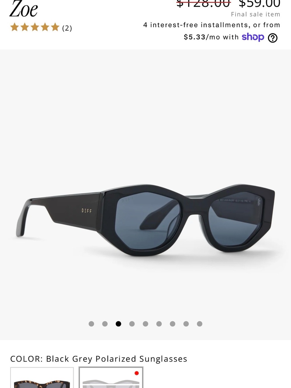Diff Eyewear Zoe Black with Grey Lenses Sunglasses